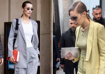 Bella Hadid Throws It Back in Silky Shirt and Flared White Pants in the ’70s